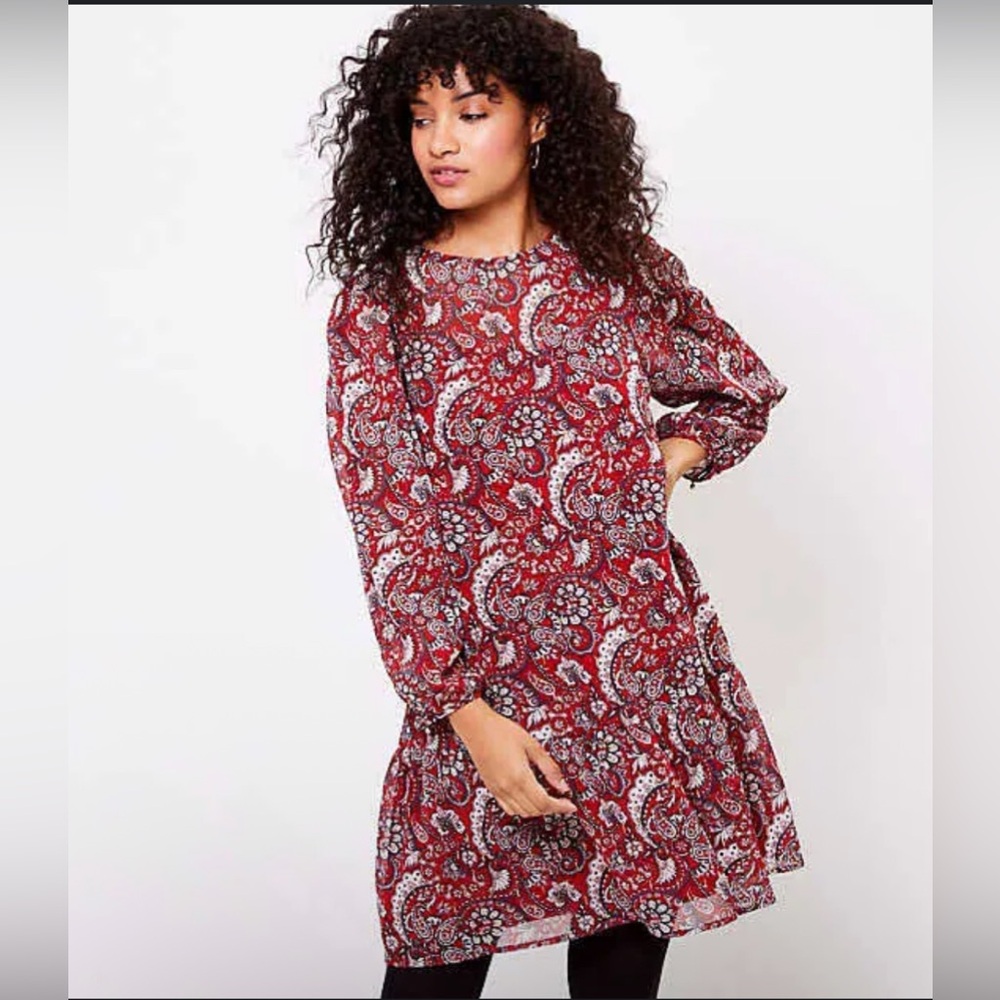 NWT Ann Taylor Loft Shimmer Paisley Flounce Dress XXLT‎ Red Crimson Spark Boho